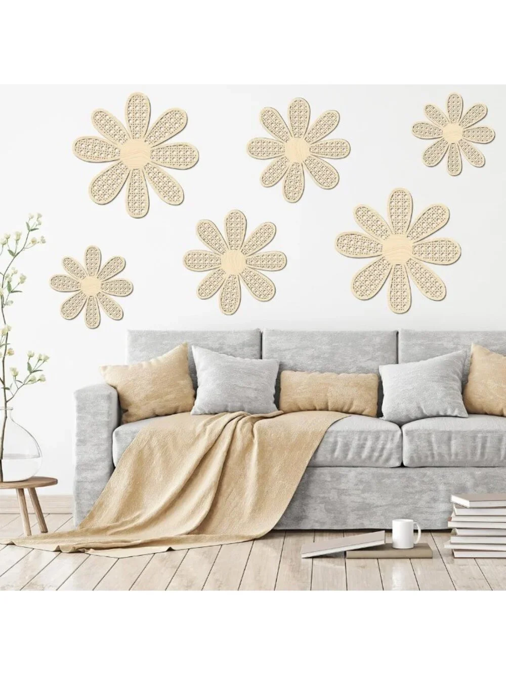 Boho Wooden Daisy Flower Wall Decor Set - 6 Pcs Rustic Home Accent Decor